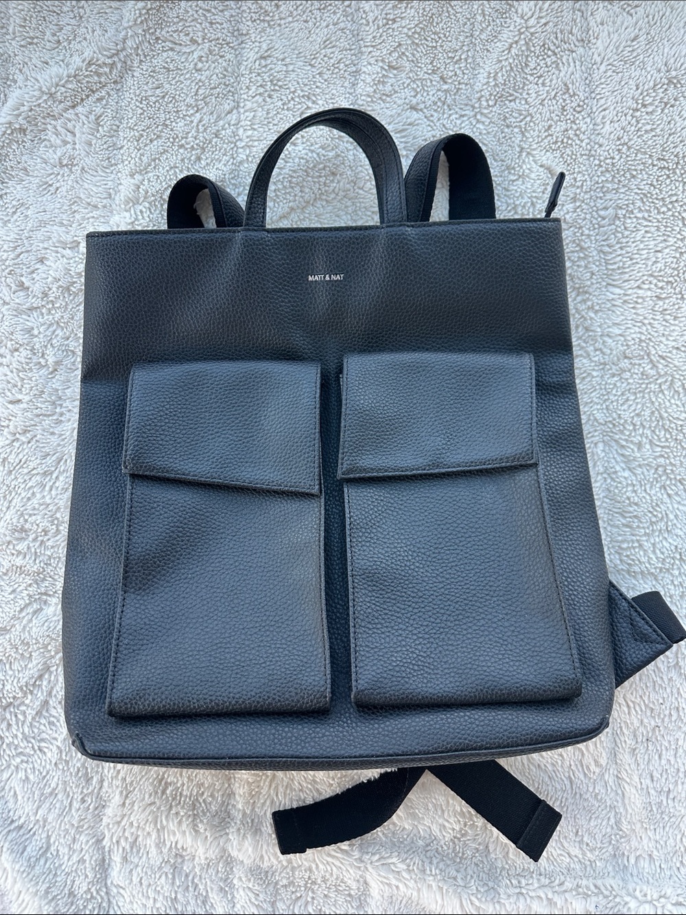 Matt & Nat Black Vegan Leather Backpack with Dual Front Flap Pockets